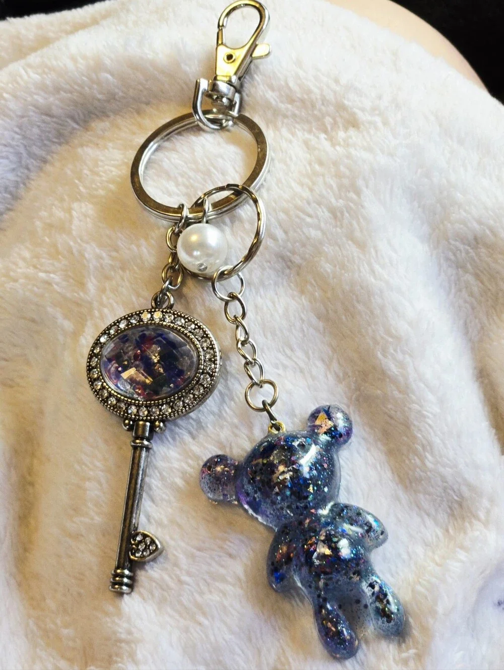 Handmade Blue Glitter Bear Keychain with Decorative Key Charm
